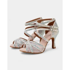 Gold Rhinestone Strappy Ballroom Dance Heels with Double Buckle Straps - Performance Shoes for Women