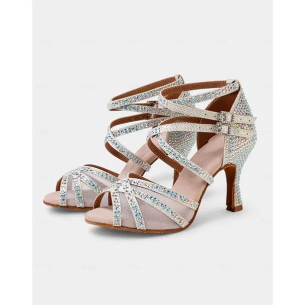 Gold Rhinestone Strappy Ballroom Dance Heels with Double Buckle Straps - Performance Shoes for Women