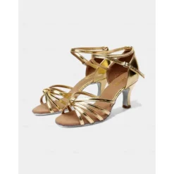 Gold Strappy Latin Dance Sandals for Women – High Heel Ballroom Salsa Shoes with Ankle Straps