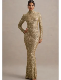 Gold Stretch Sequin Mermaid / Trumpet Evening Gown Elegant Dress Formal Wedding Floor Length Long Sleeve Mock Neck with Glitter