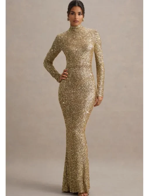 Gold Stretch Sequin Mermaid / Trumpet Evening Gown Elegant Dress Formal Wedding Floor Length Long Sleeve Mock Neck with Glitter