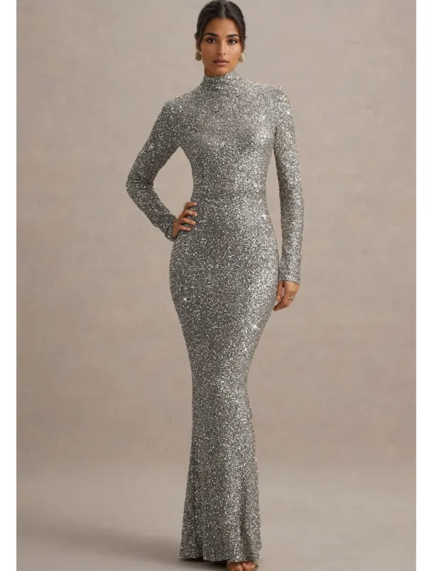 Gold Stretch Sequin Mermaid / Trumpet Evening Gown Elegant Dress Formal Wedding Floor Length Long Sleeve Mock Neck with Glitter