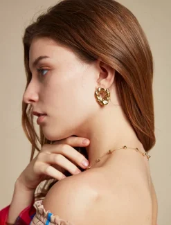 Gold Textured Stainless Steel Earrings - Unique Sculptural Hollow Design for Women
