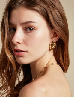 Gold Textured Stainless Steel Earrings - Unique Sculptural Hollow Design for Women