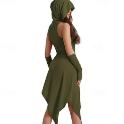 Gothic Dress Hooded Witch Asymmetrical Hem Fancy Dress Women's Fantasy Halloween Carnival Performance Party Adults Dress Gloves