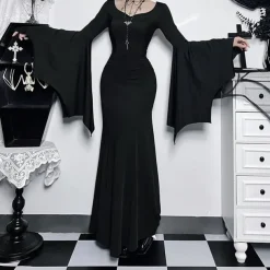 Gothic Maxi Dress Bell Sleeve Witch Morticia Addams Lace Corset Fancy Dress Women's Fantasy Halloween Carnival Performance Party Adults Dress