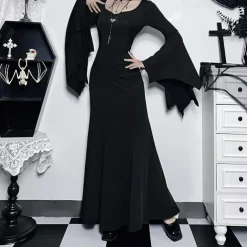 Gothic Maxi Dress Bell Sleeve Witch Morticia Addams Lace Corset Fancy Dress Women's Fantasy Halloween Carnival Performance Party Adults Dress