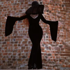 Gothic Maxi Dress Mermaid Dresses Bell Sleeve Witch Morticia Addams Velvet V Neck Fancy Dress Women's Fantasy Halloween Carnival Performance Party Adults Dress