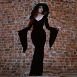 Gothic Maxi Dress Mermaid Dresses Bell Sleeve Witch Morticia Addams Velvet V Neck Fancy Dress Women's Fantasy Halloween Carnival Performance Party Adults Dress
