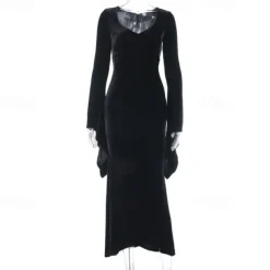 Gothic Maxi Dress Mermaid Dresses Bell Sleeve Witch Morticia Addams Velvet V Neck Fancy Dress Women's Fantasy Halloween Carnival Performance Party Adults Dress