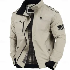 Graphic American US Flag Men's Standing Collar Jacket Zip Up Combat Bomber Jacket Tactical Cargo Outwear Cotton Comfy Breathable Coat With Pockets