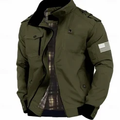 Graphic American US Flag Men's Standing Collar Jacket Zip Up Combat Bomber Jacket Tactical Cargo Outwear Cotton Comfy Breathable Coat With Pockets