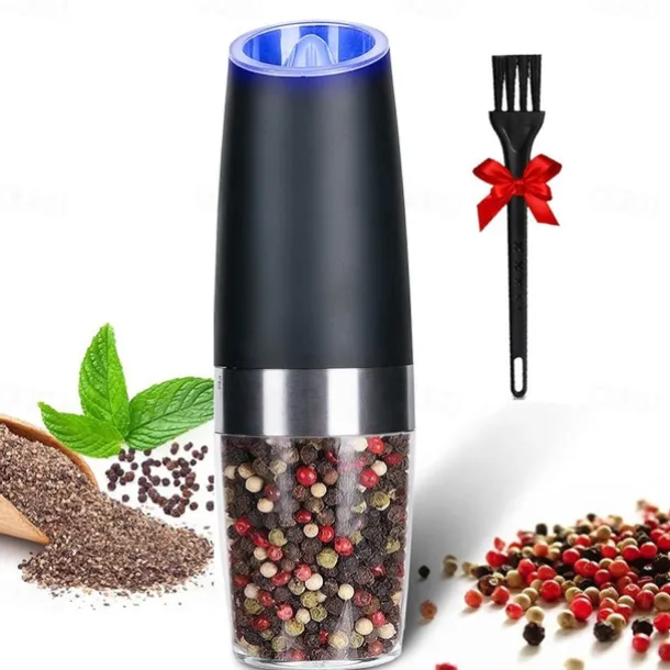 Gravity Electric Pepper Grinder Salt and Pepper Mill & Adjustable Coarseness Battery Powered with LED Light One Hand Automatic Operation