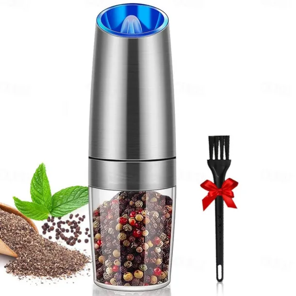 Gravity Electric Pepper Grinder Salt and Pepper Mill & Adjustable Coarseness Battery Powered with LED Light One Hand Automatic Operation