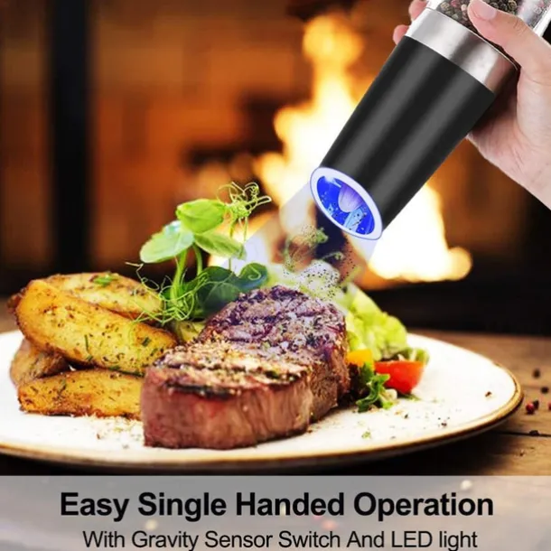Gravity Electric Pepper Grinder Salt and Pepper Mill & Adjustable Coarseness Battery Powered with LED Light One Hand Automatic Operation