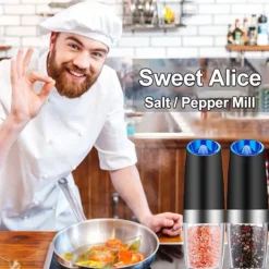 Gravity Electric Pepper Grinder Salt and Pepper Mill & Adjustable Coarseness Battery Powered with LED Light One Hand Automatic Operation