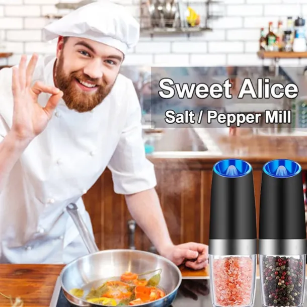 Gravity Electric Pepper Grinder Salt and Pepper Mill & Adjustable Coarseness Battery Powered with LED Light One Hand Automatic Operation
