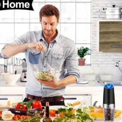 Gravity Electric Pepper Grinder Salt and Pepper Mill & Adjustable Coarseness Battery Powered with LED Light One Hand Automatic Operation