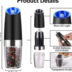 Gravity Electric Pepper Grinder Salt and Pepper Mill & Adjustable Coarseness Battery Powered with LED Light One Hand Automatic Operation