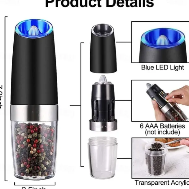 Gravity Electric Pepper Grinder Salt and Pepper Mill & Adjustable Coarseness Battery Powered with LED Light One Hand Automatic Operation