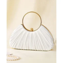 Green Elegant Pleated Velvet Clutch with Gold Ring Handle - Women's Evening Handbag, Perfect for Weddings, Parties and Formal Events