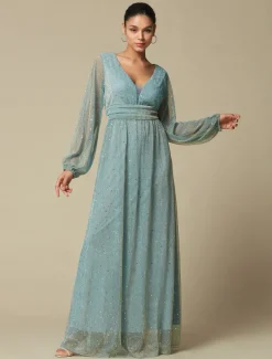 Green Fashion Party/Wedding Guest V Neck Long Sleeve Sparkle Polyester Maxi Dress dress to impress 2024
