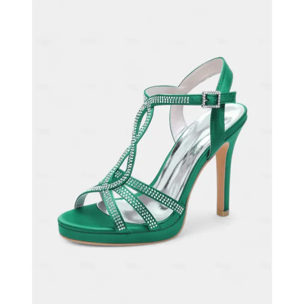 Green Rhinestone High Heel Strappy Sandals for Women's Cocktail Parties and Evening Occasions and Wedding