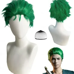Green Spiky Short Wig Layered Wig for Men for Anime Cospaly Costume Staight Synthetic Wig for Carnival Christmas Event with Wig Cap St.Patrick's Day Wigs