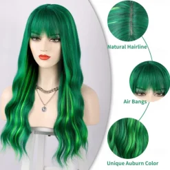 Green Wig with Bangs Long Wavy Green Wigs for Women Heat Resistant Wavy Wig for Daily Party Use St.Patrick's Day Wigs Halloween Wigs