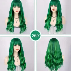 Green Wig with Bangs Long Wavy Green Wigs for Women Heat Resistant Wavy Wig for Daily Party Use St.Patrick's Day Wigs Halloween Wigs