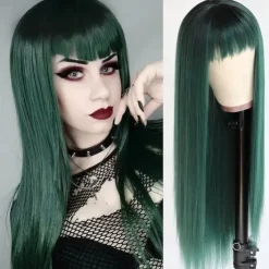 Green Wigs Long Straight Synthetic Wig Irish Green Heat Resistant No Lace Front Wigs with Baby Hair Glueless Peluca for St Patricks Cosplay Party for Fashion Women 22 Inch Halloween Wigs