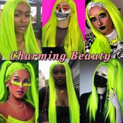 Green Wigs Long Straight Synthetic Wig Irish Green Heat Resistant No Lace Front Wigs with Baby Hair Glueless Peluca for St Patricks Cosplay Party for Fashion Women 22 Inch Halloween Wigs