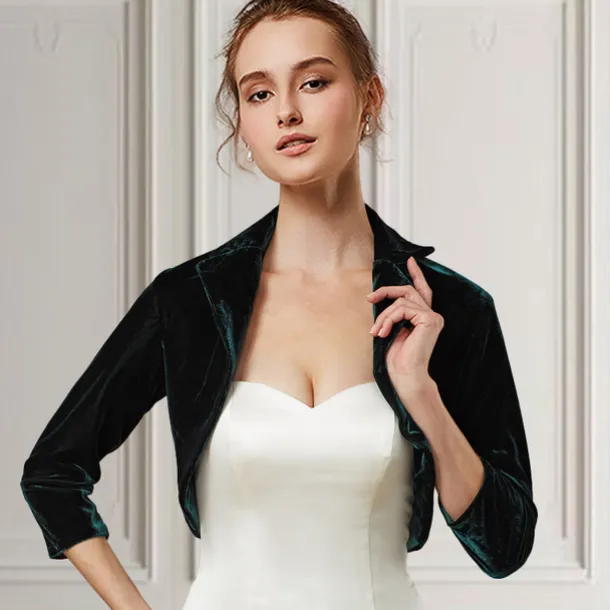 Green Women's Bolero Shrug Velvet Coats / Jackets Elegant Keep Warm 3/4 Length Sleeve Velvet Wedding Guest Wraps With Pure Color For Wedding Fall & Winter dress to impress