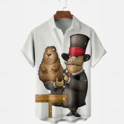 Groundhog Day Men's Animal Halloween Costumes Casual Shirt Button Up Shirt Short Sleeve Casual Causal Casual Summer Spring Turndown Button Up Pocket White