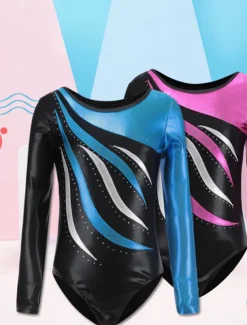 Gymnastics Leotards Women's Girls' Bodysuit Leotard Spandex High Elasticity Breathable Handmade Sparkly Long Sleeve Training Competition Dance Rhythmic Gymnastics Artistic Gymnastics Blue Sky Blue