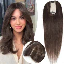 Hair Toppers for Women Real Human Hair, 14 Inch Scalp Line Hair Toppers Hair Pieces for Thinning Hair Parting, 100% Real Human Hair Toppers 1.5"x5" Silk Base Medium Brown Can Be Curled #4