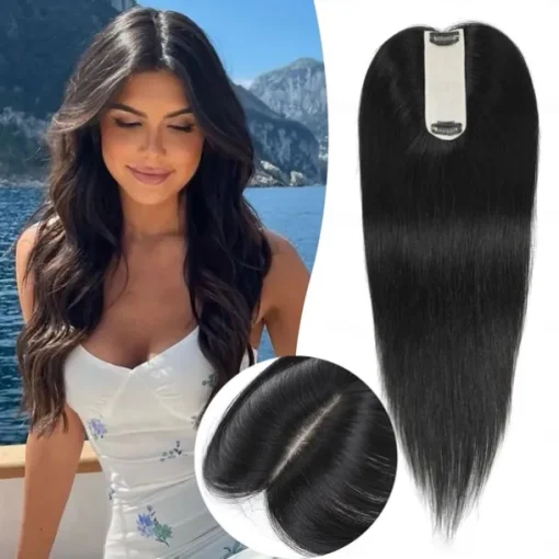Hair Toppers for Women Real Human Hair, 14 Inch Scalp Line Hair Toppers Hair Pieces for Thinning Hair Parting, 100% Real Human Hair Toppers 1.5"x5" Silk Base Medium Brown Can Be Curled #4
