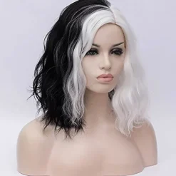 Half White and Half Black Wigs Cruella Deville Wig Split Color Synthetic Hair Wig Shoulder Length Wig Halloween Wigs