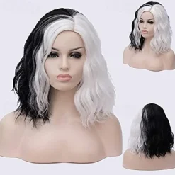 Half White and Half Black Wigs Cruella Deville Wig Split Color Synthetic Hair Wig Shoulder Length Wig Halloween Wigs
