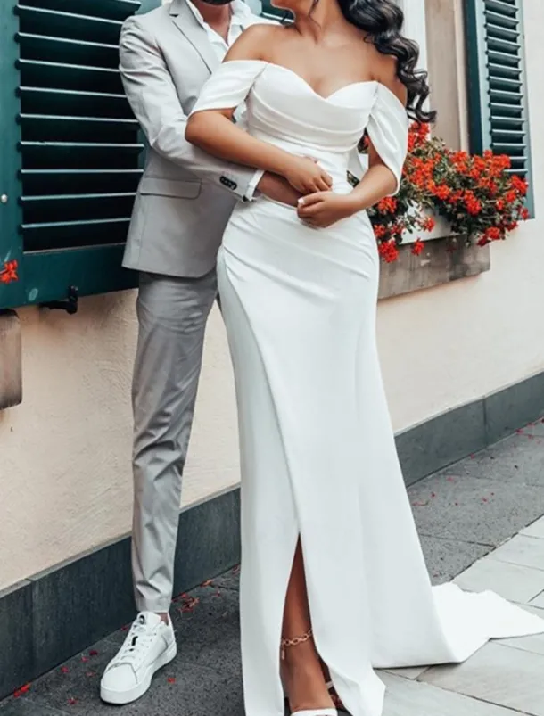 Hall Casual Simple Wedding Dresses Sheath Off Shoulder Cap Sleeve Court Train Satin Bridal Gowns With Ruched Split Front