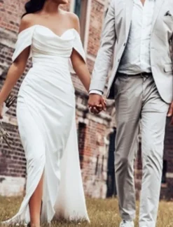 Hall Casual Simple Wedding Dresses Sheath Off Shoulder Cap Sleeve Court Train Satin Bridal Gowns With Ruched Split Front