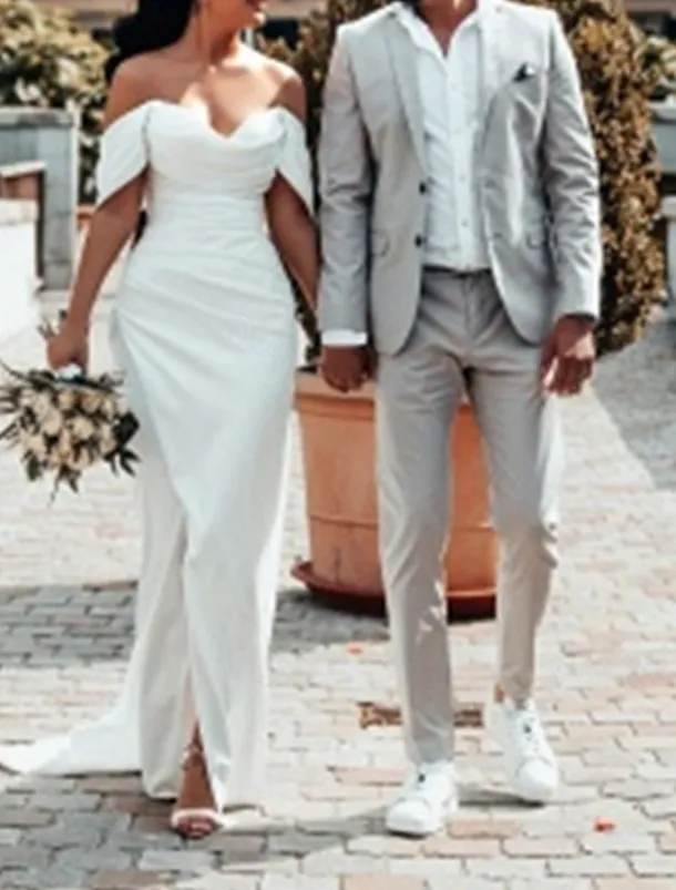 Hall Casual Simple Wedding Dresses Sheath Off Shoulder Cap Sleeve Court Train Satin Bridal Gowns With Ruched Split Front