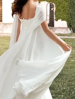 Hall Casual Wedding Dresses A-Line Square Neck Sleeveless Sweep / Brush Train Chiffon Bridal Gowns With Pleats Appliques