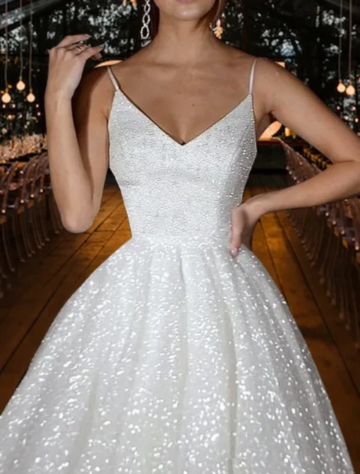 Hall Sparkle & Shine Casual Wedding Dresses A-Line Camisole V Neck Spaghetti Strap Sweep / Brush Train Sequined Bridal Gowns With Solid Color