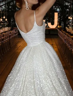Hall Sparkle & Shine Casual Wedding Dresses A-Line Camisole V Neck Spaghetti Strap Sweep / Brush Train Sequined Bridal Gowns With Solid Color