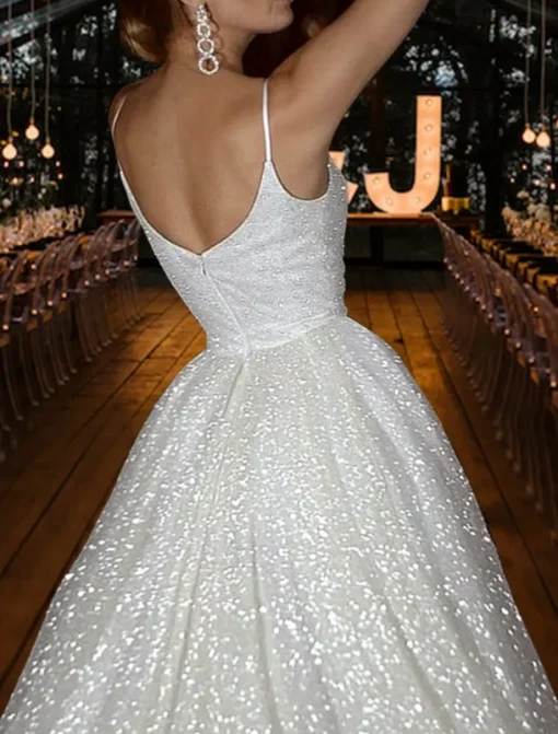 Hall Sparkle & Shine Casual Wedding Dresses A-Line Camisole V Neck Spaghetti Strap Sweep / Brush Train Sequined Bridal Gowns With Solid Color