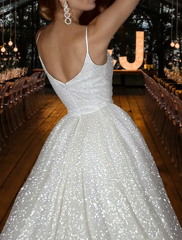 Hall Sparkle & Shine Casual Wedding Dresses A-Line Camisole V Neck Spaghetti Strap Sweep / Brush Train Sequined Bridal Gowns With Solid Color