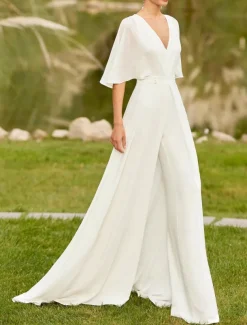 Hall Vintage Open Back Royal Style Wedding Dresses Two Piece Off Shoulder V Neck Half Sleeve Court Train Chiffon Bridal Gowns With Pleats Ruched