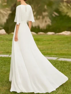 Hall Vintage Open Back Royal Style Wedding Dresses Two Piece Off Shoulder V Neck Half Sleeve Court Train Chiffon Bridal Gowns With Pleats Ruched
