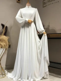 Hall Vintage 1940s / 1950s Casual Wedding Dresses A-Line High Neck Long Sleeve Court Train Chiffon Bridal Gowns With Pleats Solid Color